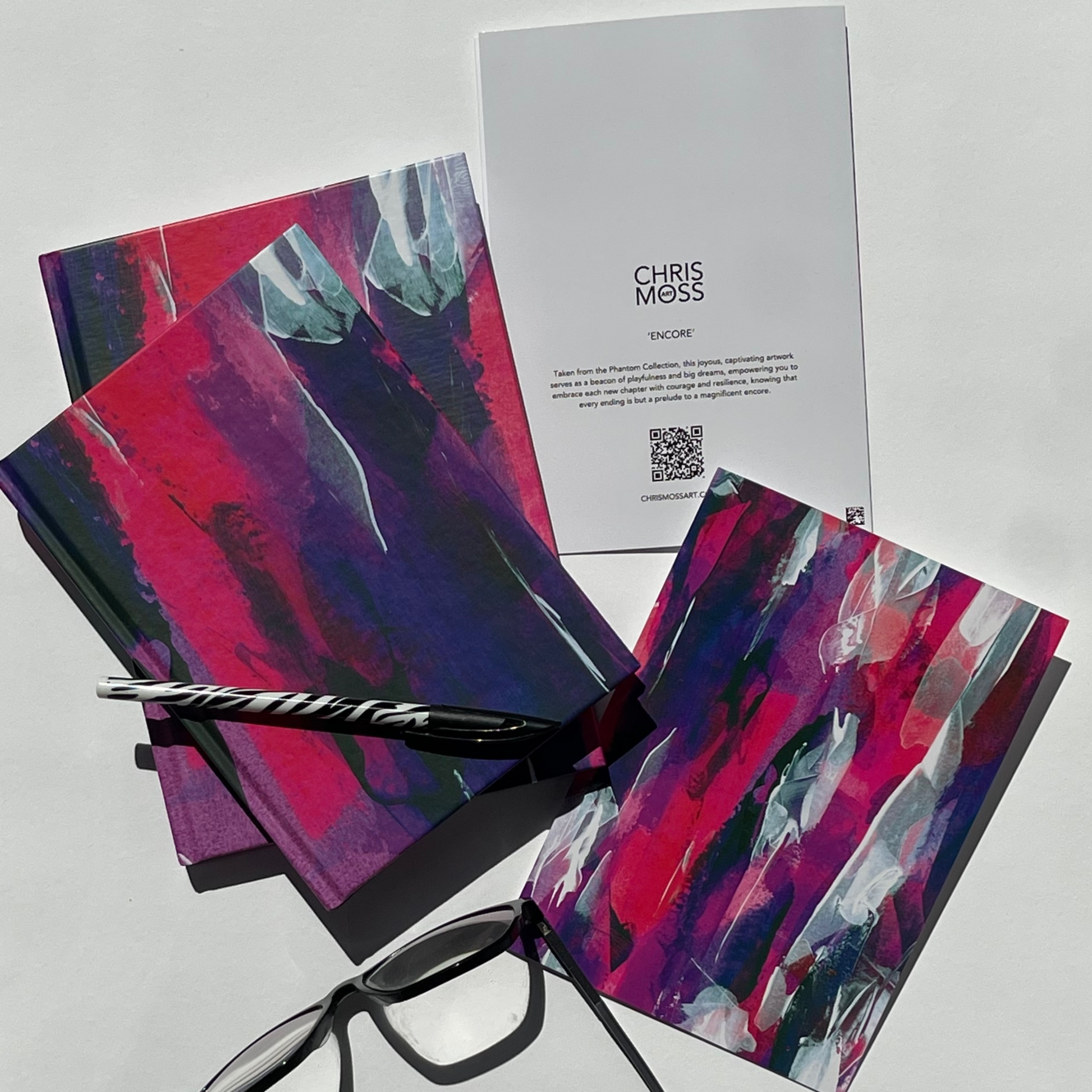 Encore. Abstract fine art stationery - hardback journal and greeting cards. Pink & violet. Chris Moss Art