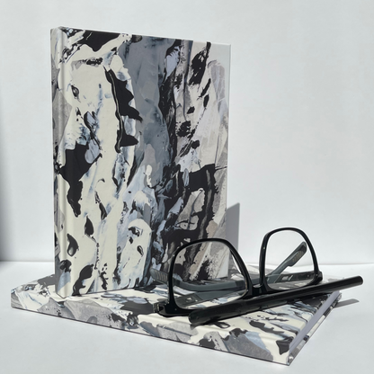 Hurricane. Abstract fine art stationery - hardback journal and greeting cards. Monochrome. Chris Moss Art
