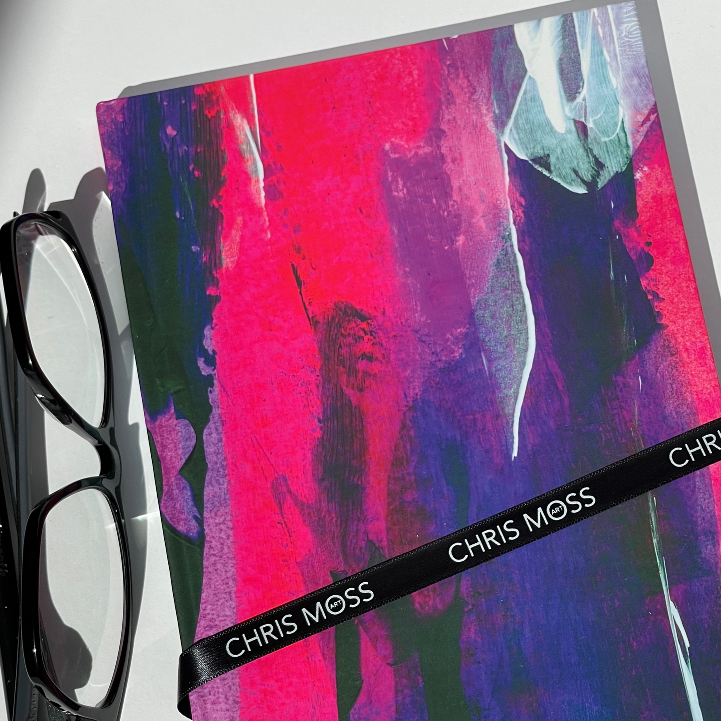 Encore. Abstract fine art stationery - hardback journal and greeting cards. Pink & violet. Chris Moss Art