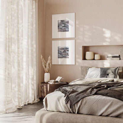 Vesper & Fathom diptych | neutral gold taupe black and white abstract fine art prints | styled in white frames on dusky pink wall in a boho bedroom | Chris Moss Art