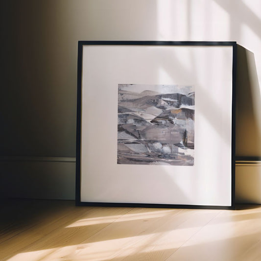 Vesper | neutral gold taupe black and white abstract fine art print | styled in black frame against grey wall with filtered shadowy light | Chris Moss Art
