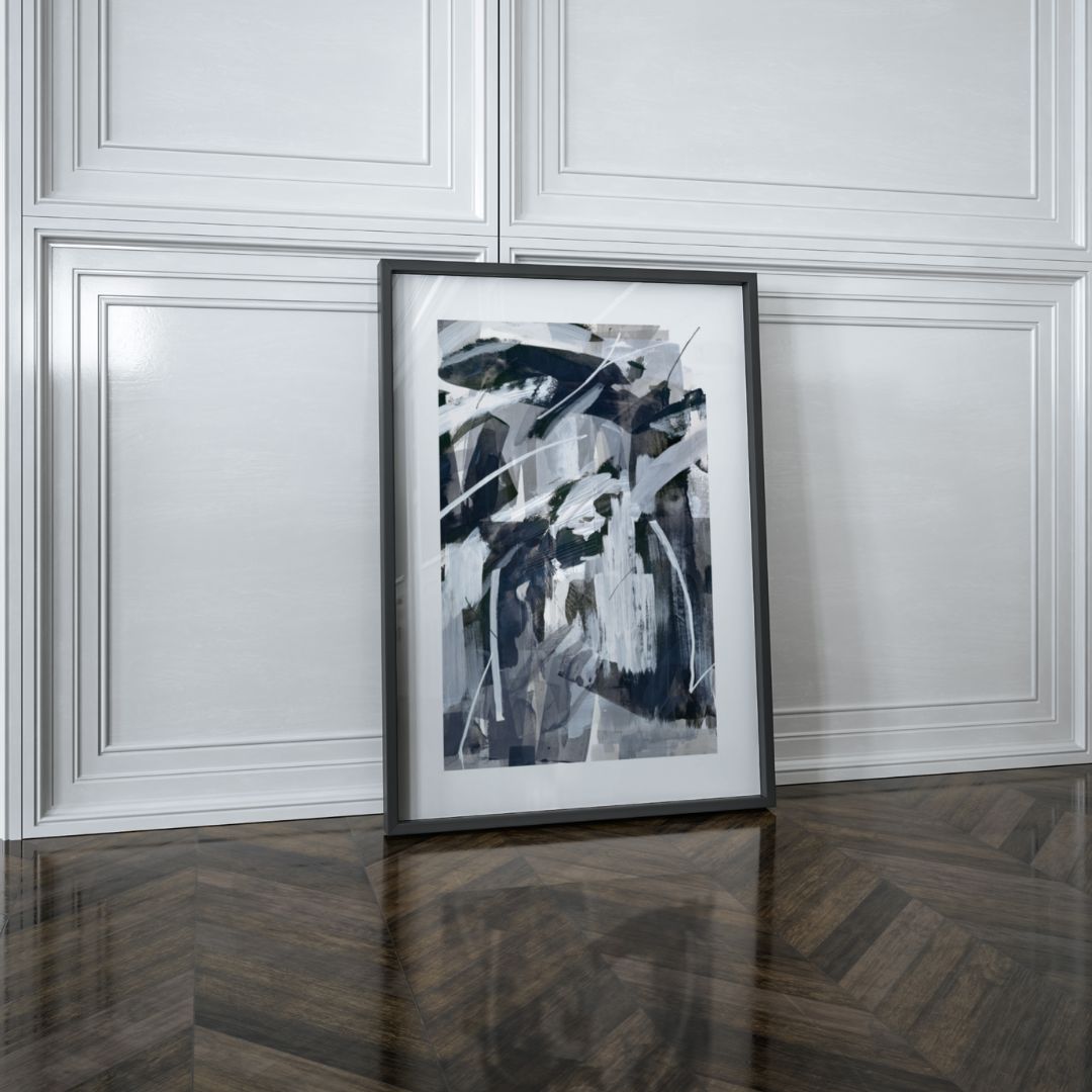WKND | monochrome abstract fine art print | framed in black against a white panel wall with dark parque flooring | Chris Moss Art
