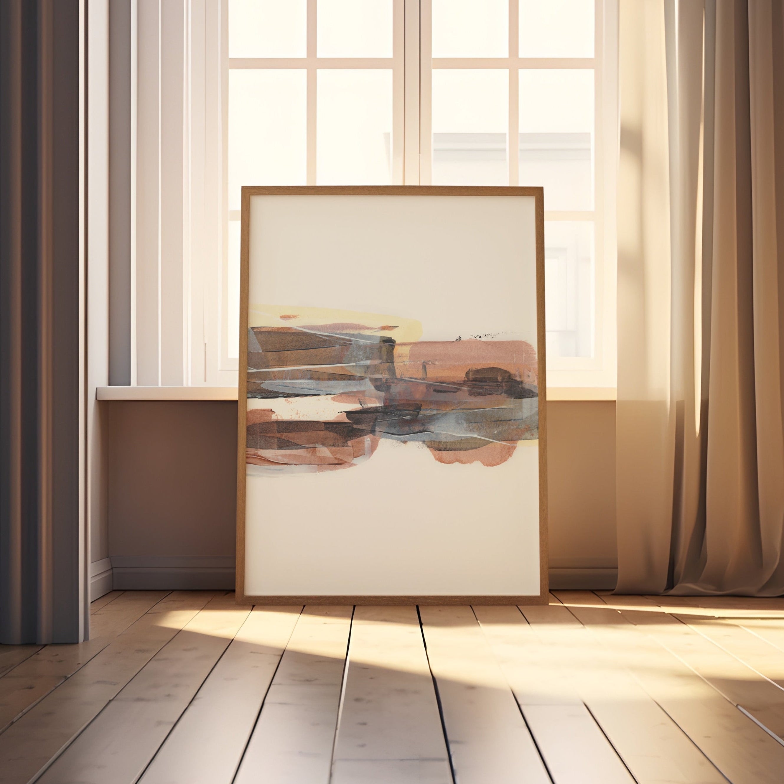 Abstract painting on a wooden floor with a large window and curtains in the background